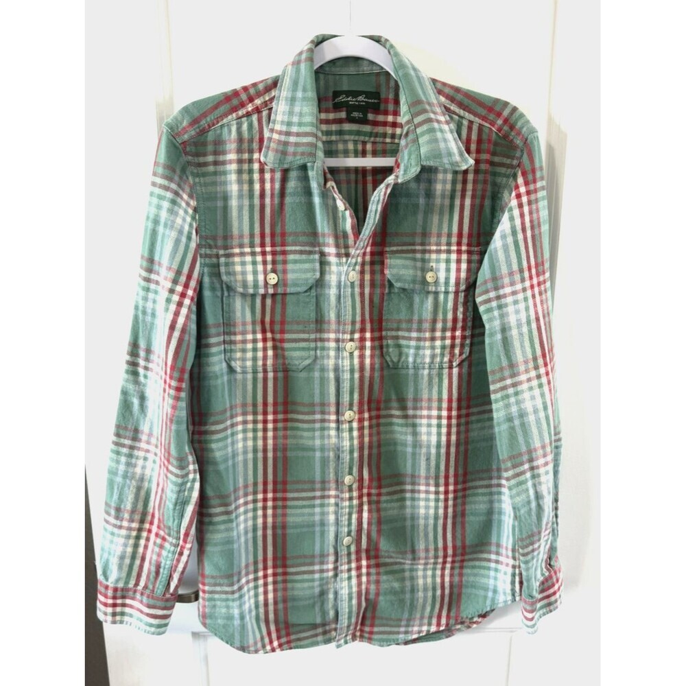 Eddie Bauer Classic Fit shirt Mens Flannel S Green Red white plaid Outdoor